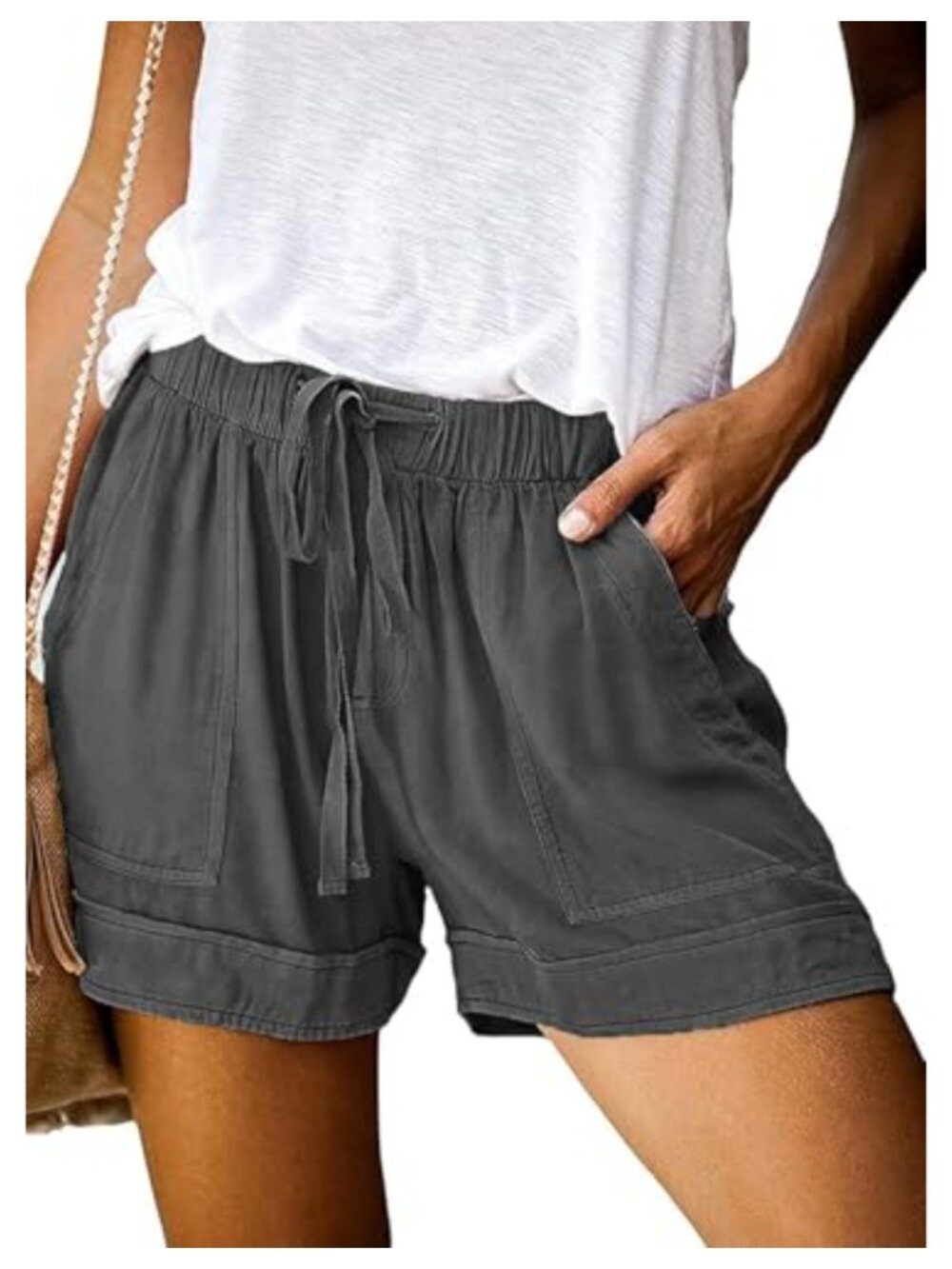 High Waisted Drawstring Shorts Cotton Blend Elastic Waist Pockets Casual